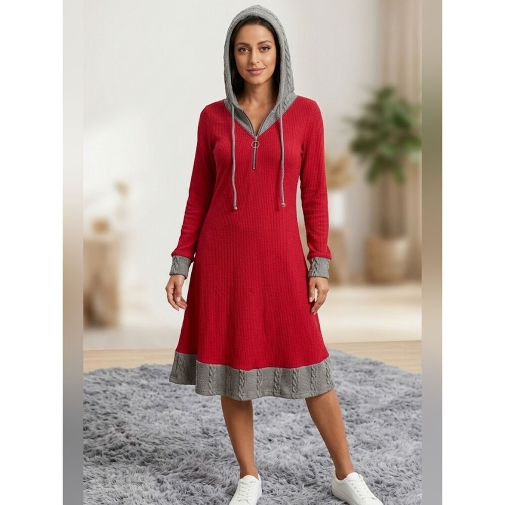 *NWT* DRESSFO Red & Gray Colorblock Quarter Zip Hoodie Dress Cable Knit Detail 6